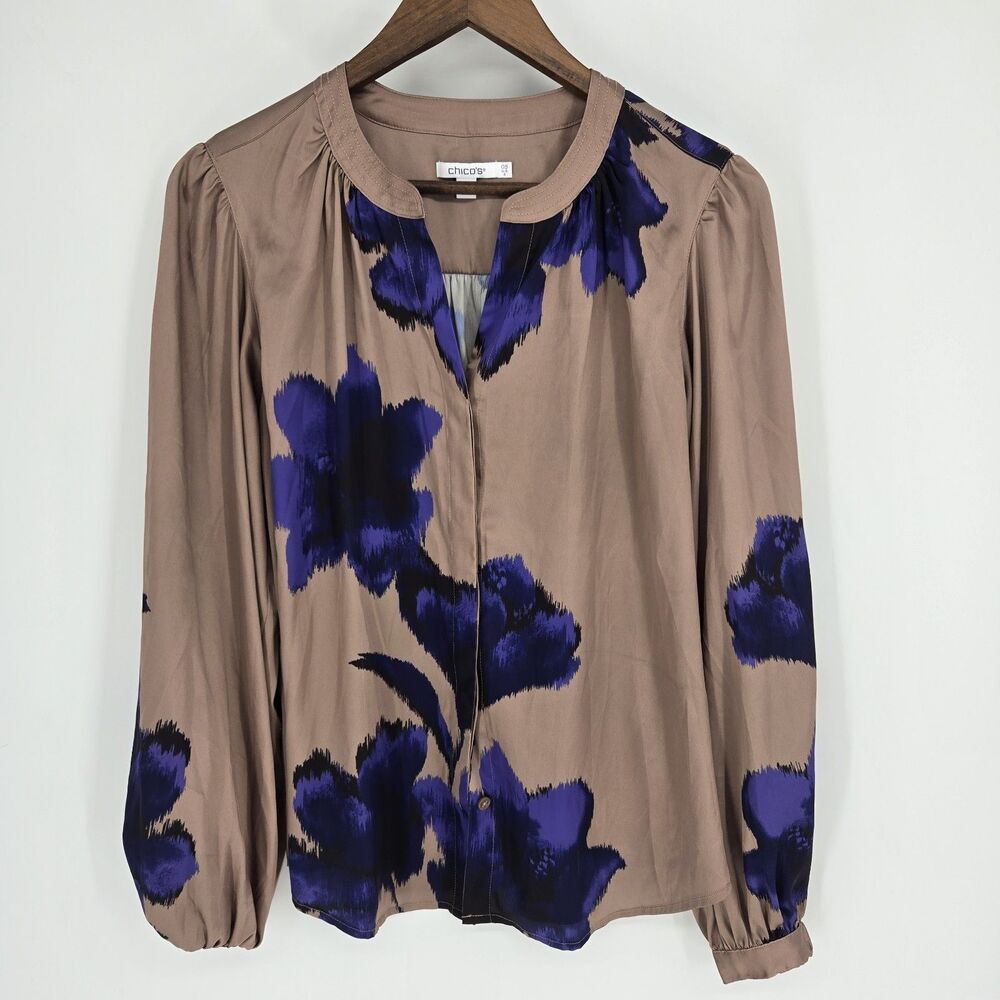 Chicos Floral Blouse 6 Button Front Bold Earthy Neutral